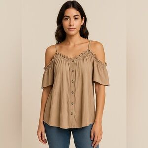 NEW Papermoon Tan Cold Shoulder Button Down Top
